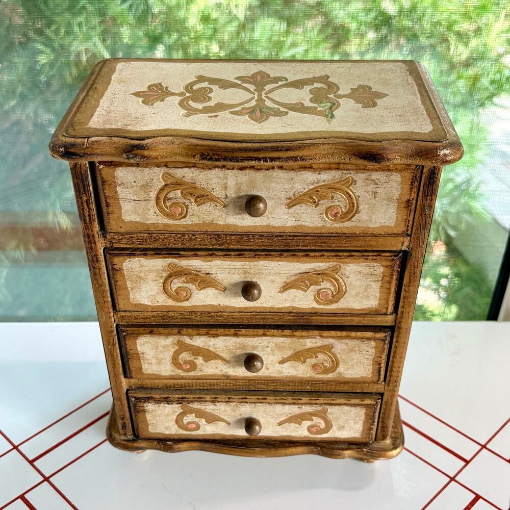 Vintage Mele Japan 4 Drawer Musical Jewelry Box Florentine Gold Red Velvet